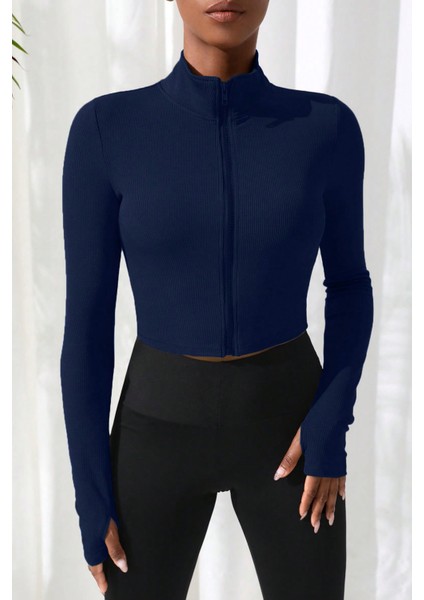 Kadın Lacivert Uzun Kol Fermuarlı Parmak Geçme Detaylı Dik Yaka Crop Top Bluz fırsatları