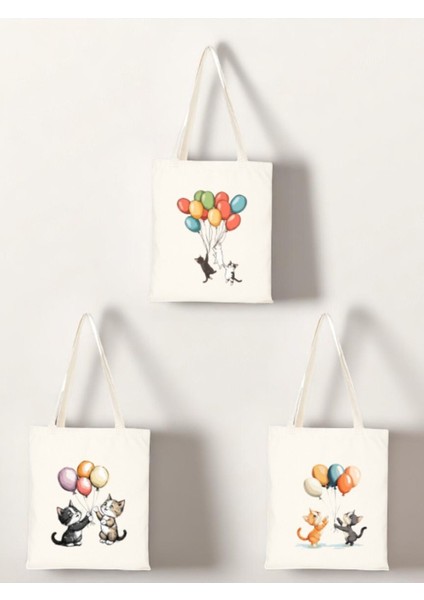 Balonlu Kedi Baskılı Bez Çanta 3'lü Omuz Çantası - Kadın Için Doğum Günü Hediyesi Hediye Ürün Eşya