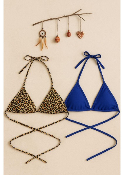 Kadın Leopar Desenli ve Mavi Minimal Kesim Üçgen Bikini Üstü