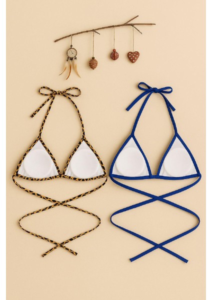 Kadın Leopar Desenli ve Mavi Minimal Kesim Üçgen Bikini Üstü fiyatları