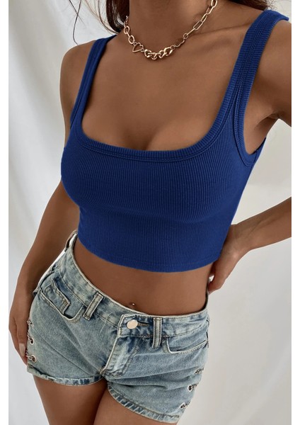 Kadın Lacivert Kalın Askılı Crop Top Büstiyer