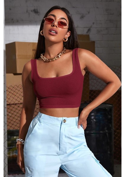 Kadın Bordo Kalın Askılı Crop Top Büstiyer