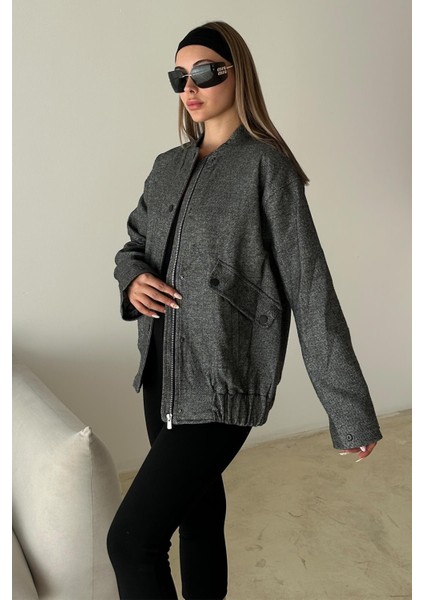 Çıt Çıt Detaylı Bomber Kaşe Ceket Gri 8276