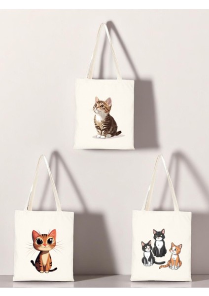 Kediler Baskılı Bez Çanta 3'lü Omuz Çantası - Hediye Kadın Sevgiliye Hediye
