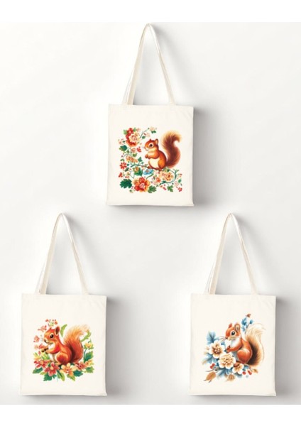 Çiçek ve Sincap Baskılı Bez Çanta 3'lü Omuz Çantası - Kadın Bez Çanta