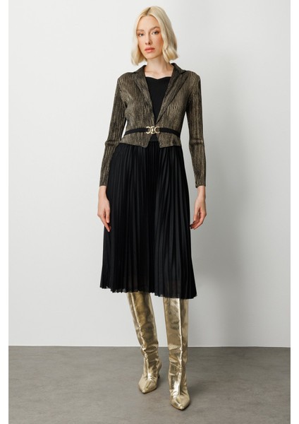 Kadın Eteği Piliseli Kalp Yaka Elbise 4913 Siyah