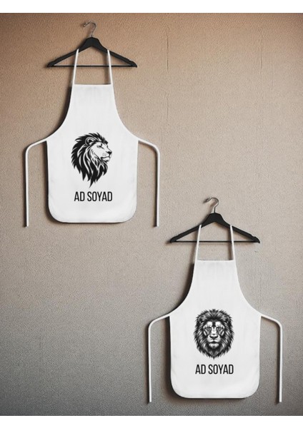 Aslan Baskılı Isme Özel 2'li Keten Mutfak Önlüğü