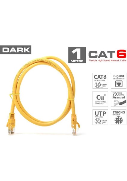 DK-CB-NT6U100Y 1mt Utp Cat6 Patch Kablo Sarı AWG24/7