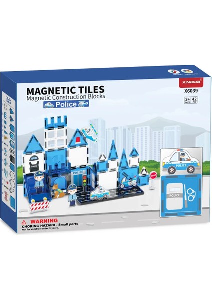 Manyetik Tiles Polis Karoları 42 Parça Manyetik Yapı Magnetic Bloklar