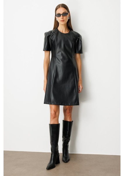 Kadın Kısa Kollu Deri Elbise 4081 Siyah