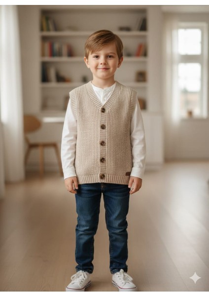 Erkek Çocuk Selanik Örgü Düğmeli Triko Yelek Abiye & Günlük Şık Kombin 5-8 Yaş
