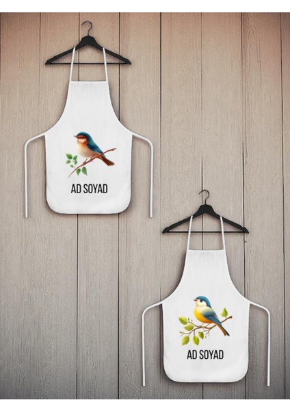 Sevimli Kuş Baskılı Isme Özel 2'li Keten Mutfak Önlüğü