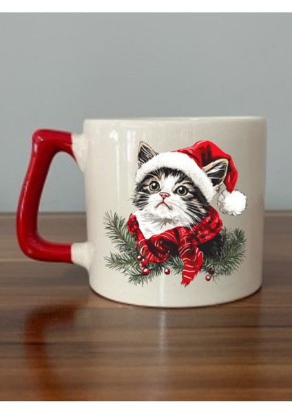 Yılbaşında Sevimli Kedi Baskılı Kırmızı Kulplu Kupa Bardak Yılbaşı Yeni Yıl Hediyesi