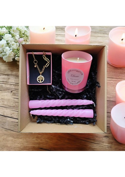 Hediye Seti-Kokulu Pembe Bardak Mum-Yaşam Agacı Kolye+Burgulu Mum
