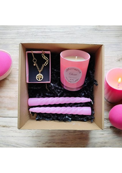 Hediye Seti-Kokulu Pembe Bardak Mum-Yaşam Agacı Kolye+Burgulu Mum fiyatları