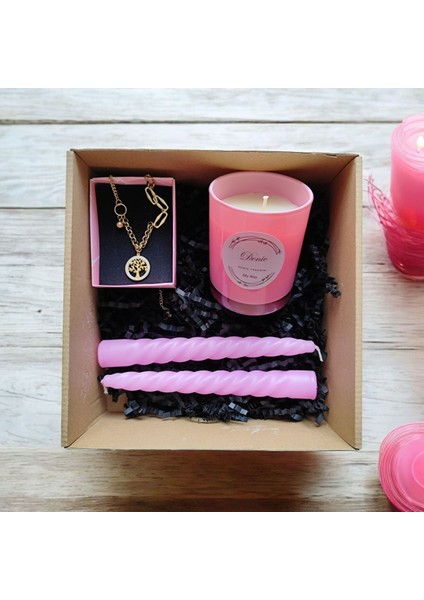 Hediye Seti-Kokulu Pembe Bardak Mum-Yaşam Agacı Kolye+Burgulu Mum modelleri