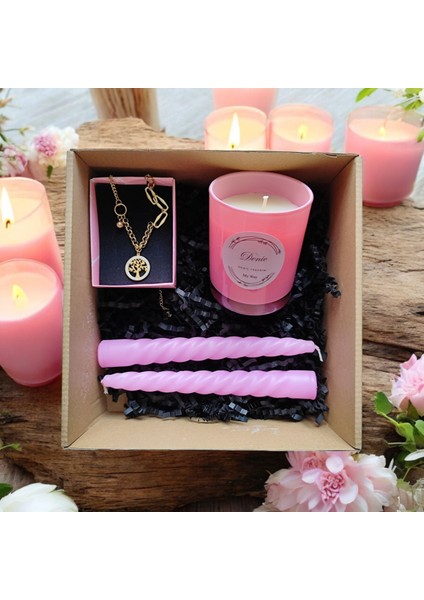 Hediye Seti-Kokulu Pembe Bardak Mum-Yaşam Agacı Kolye+Burgulu Mum fırsatları