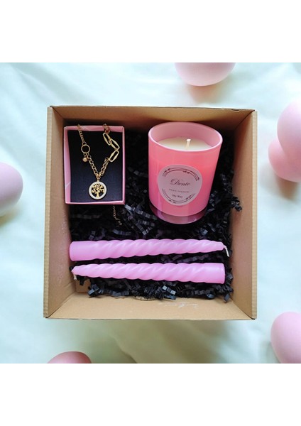 Hediye Seti-Kokulu Pembe Bardak Mum-Yaşam Agacı Kolye+Burgulu Mum indirimleri