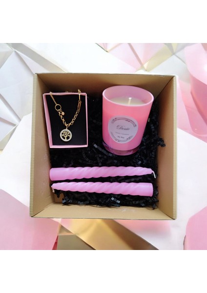 Hediye Seti-Kokulu Pembe Bardak Mum-Yaşam Agacı Kolye+Burgulu Mum