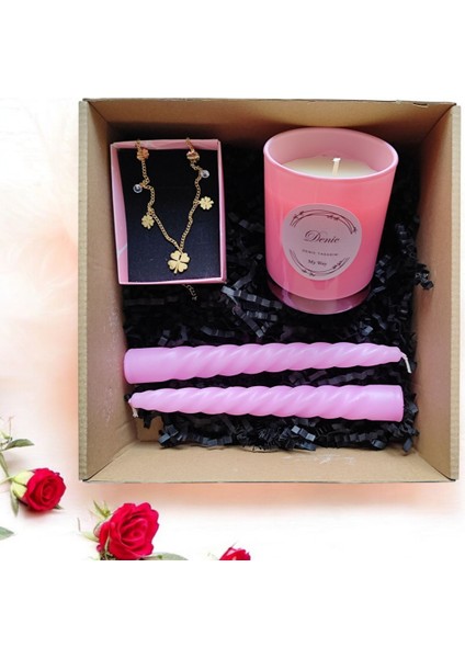 Hediye Seti-Kokulu Pembe Bardak Mum-Yonca Kolye+Burgulu Mum