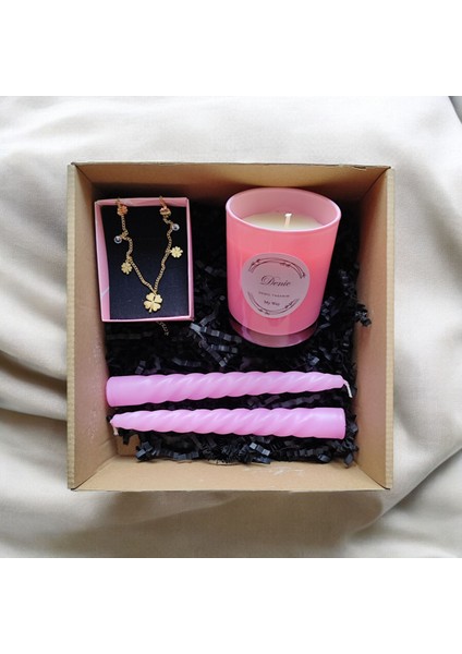 Hediye Seti-Kokulu Pembe Bardak Mum-Yonca Kolye+Burgulu Mum fiyatları