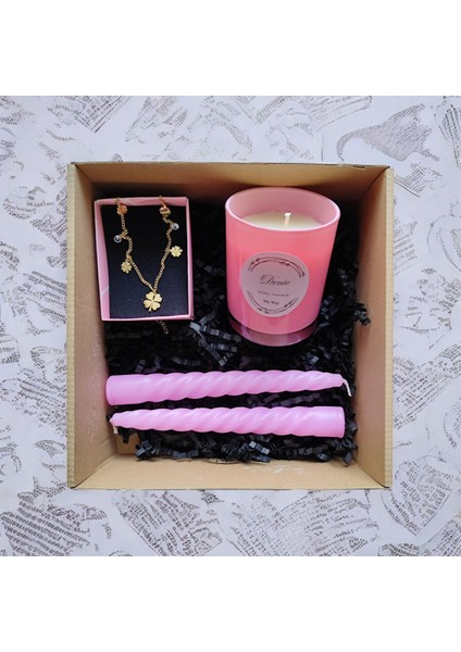 Hediye Seti-Kokulu Pembe Bardak Mum-Yonca Kolye+Burgulu Mum modelleri
