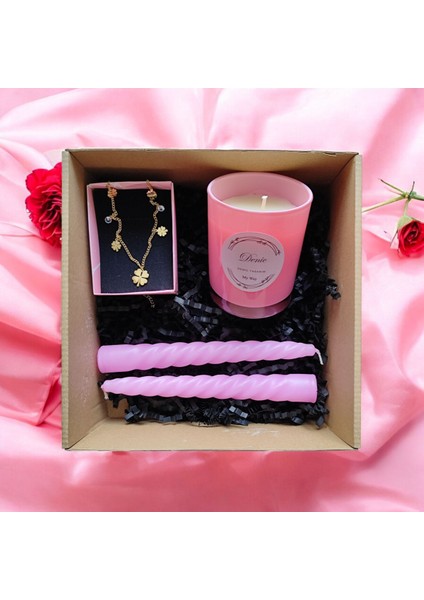 Hediye Seti-Kokulu Pembe Bardak Mum-Yonca Kolye+Burgulu Mum fırsatları