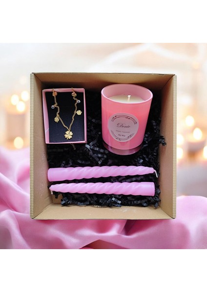 Hediye Seti-Kokulu Pembe Bardak Mum-Yonca Kolye+Burgulu Mum indirimleri