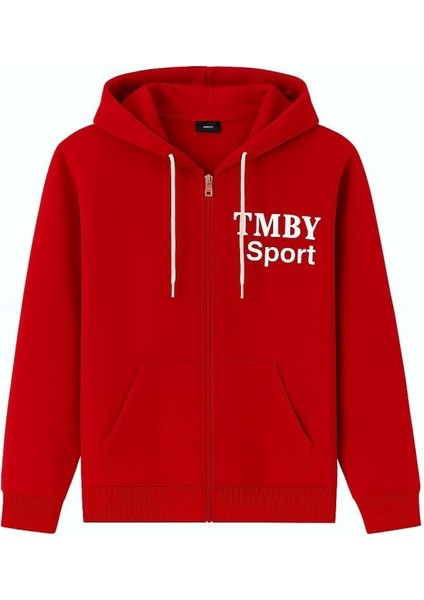 Tam Fermuarlı Kapüşonlu Kırmızı Erkek Sweatshirt Erkek Kırmızı Sweatshirt Tmby Baskılı
