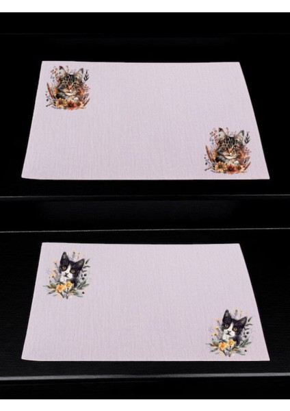 Çiçek ve Kedi Baskılı Mutfak Masası Keten Servis Bezi 28X40 cm Amerikan Servis