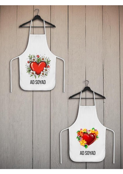 Kalp ve Çiçek Baskılı Isme Özel 2'li Keten Mutfak Önlüğü
