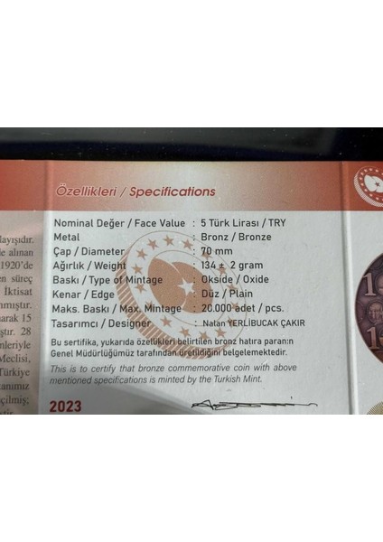 Türkiye Cumhuriyeti’nin 100. Yılı – Bronz Hatıra Sikkesi (Darphane Özel Basım) ve Özel Kadife Kutusu