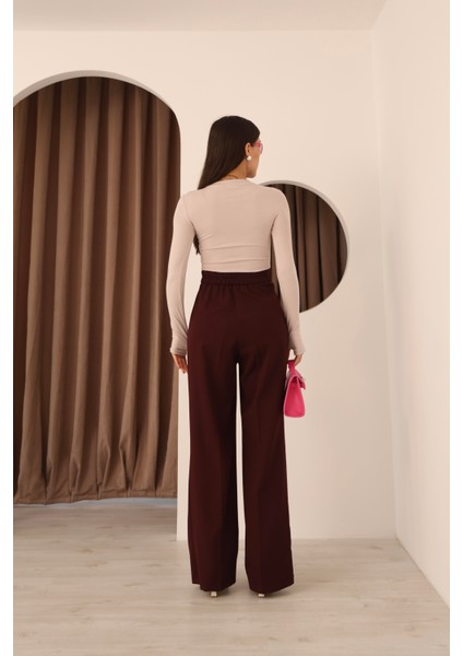 Kadın Vişne Arkası Lastikli Palazzo Pantolon modelleri