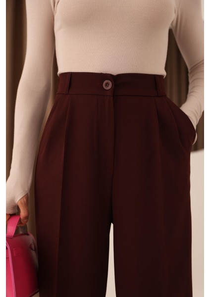 Kadın Vişne Arkası Lastikli Palazzo Pantolon