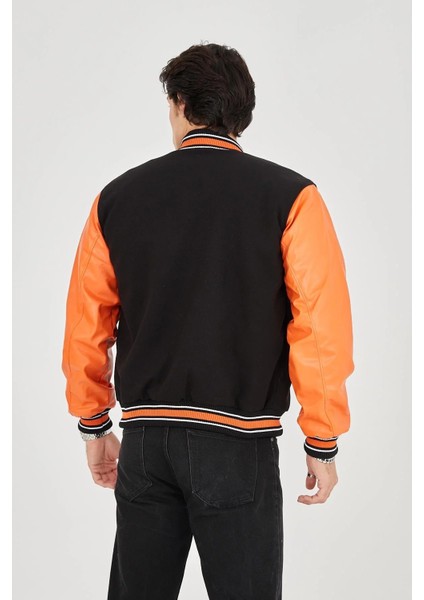 Erkek Içten Elyaf ve Astarlı Kolları Suni Deri Ceket - Turuncu