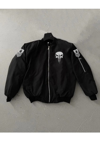 Siyah Askeri Tarz Bomber Mont – Unisex, Punisher Skull Detaylı, Fermuarlı, Cepli, Uzun Kollu, Bahar ve Kış Günlük Moda Için Uygun - Siyah fiyatları