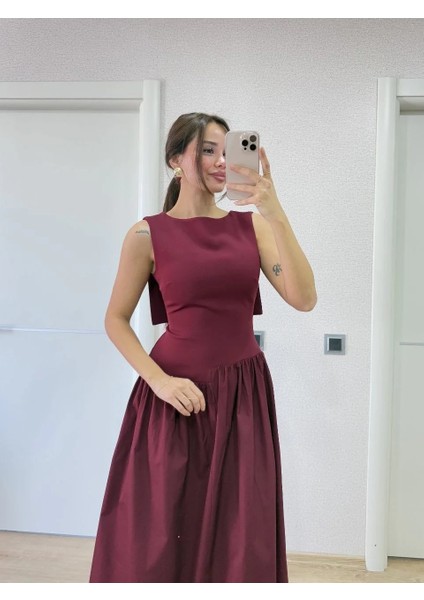 Krep Arkası Kanat Arka Ön Pens Detaylı Uzun Kadın Elbise - Bordo indirimleri