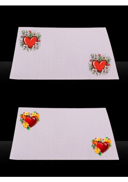 Çiçek ve Kalp Baskılı Mutfak Masası Keten Servis Bezi 28X40 cm Amerikan Servis