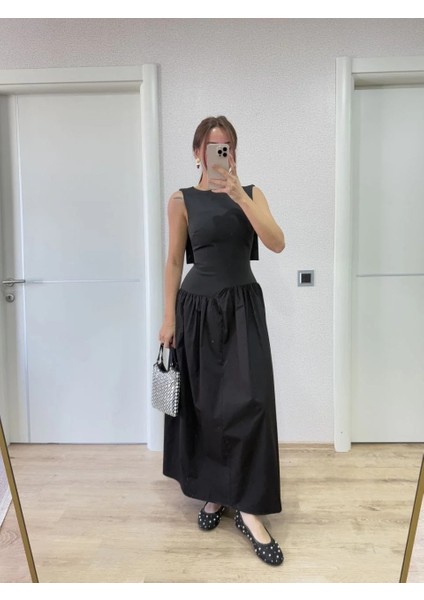 Krep Arkası Kanat Arka Ön Pens Detaylı Uzun Kadın Elbise - Siyah modelleri