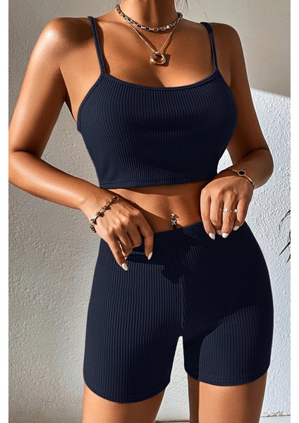 Kadın Lacivert Şortlu Kaşkorse Gecelik Takım
