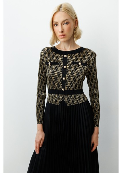 Kadın Akordiyon Kumaş Süs Düğmeli Elbise 4909 Siyah modelleri