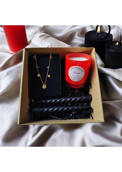 Hediye Seti-Kokulu Kırmızı Bardak Mum-Yonca Kolye+Burgulu Mum