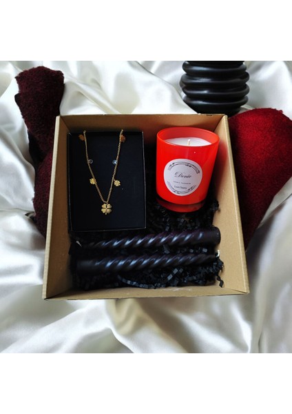 Hediye Seti-Kokulu Kırmızı Bardak Mum-Yonca Kolye+Burgulu Mum fiyatları