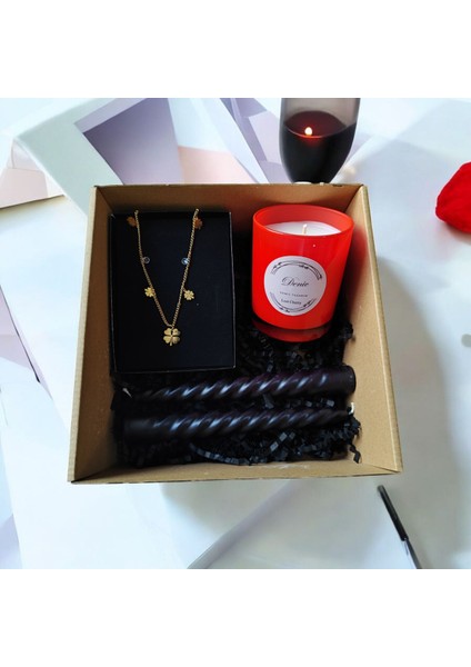 Hediye Seti-Kokulu Kırmızı Bardak Mum-Yonca Kolye+Burgulu Mum modelleri