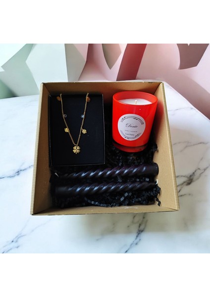 Hediye Seti-Kokulu Kırmızı Bardak Mum-Yonca Kolye+Burgulu Mum fırsatları