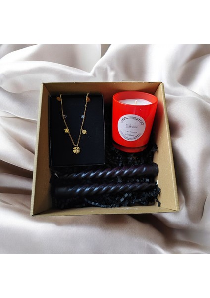 Hediye Seti-Kokulu Kırmızı Bardak Mum-Yonca Kolye+Burgulu Mum