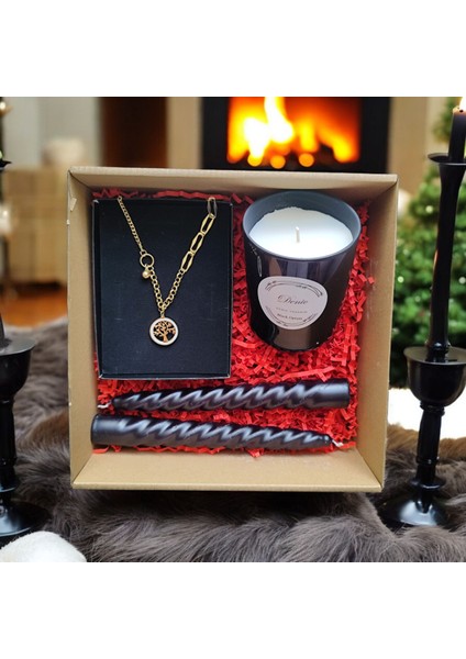 Hediye Seti-Kokulu Siyah Bardak Mum-Yaşam Agacı Kolye+Burgulu Mum