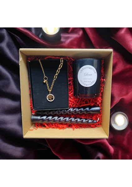 Hediye Seti-Kokulu Siyah Bardak Mum-Yaşam Agacı Kolye+Burgulu Mum fiyatları