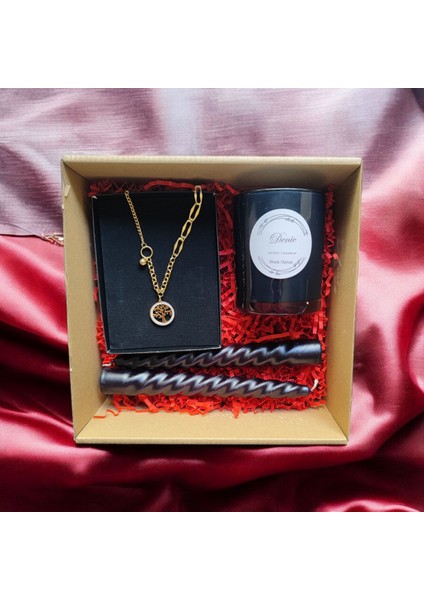 Hediye Seti-Kokulu Siyah Bardak Mum-Yaşam Agacı Kolye+Burgulu Mum modelleri