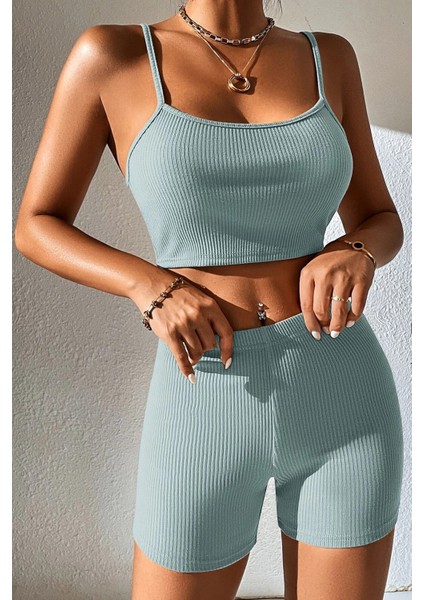 Kadın Açık Mavi Şortlu Kaşkorse Gecelik Takım